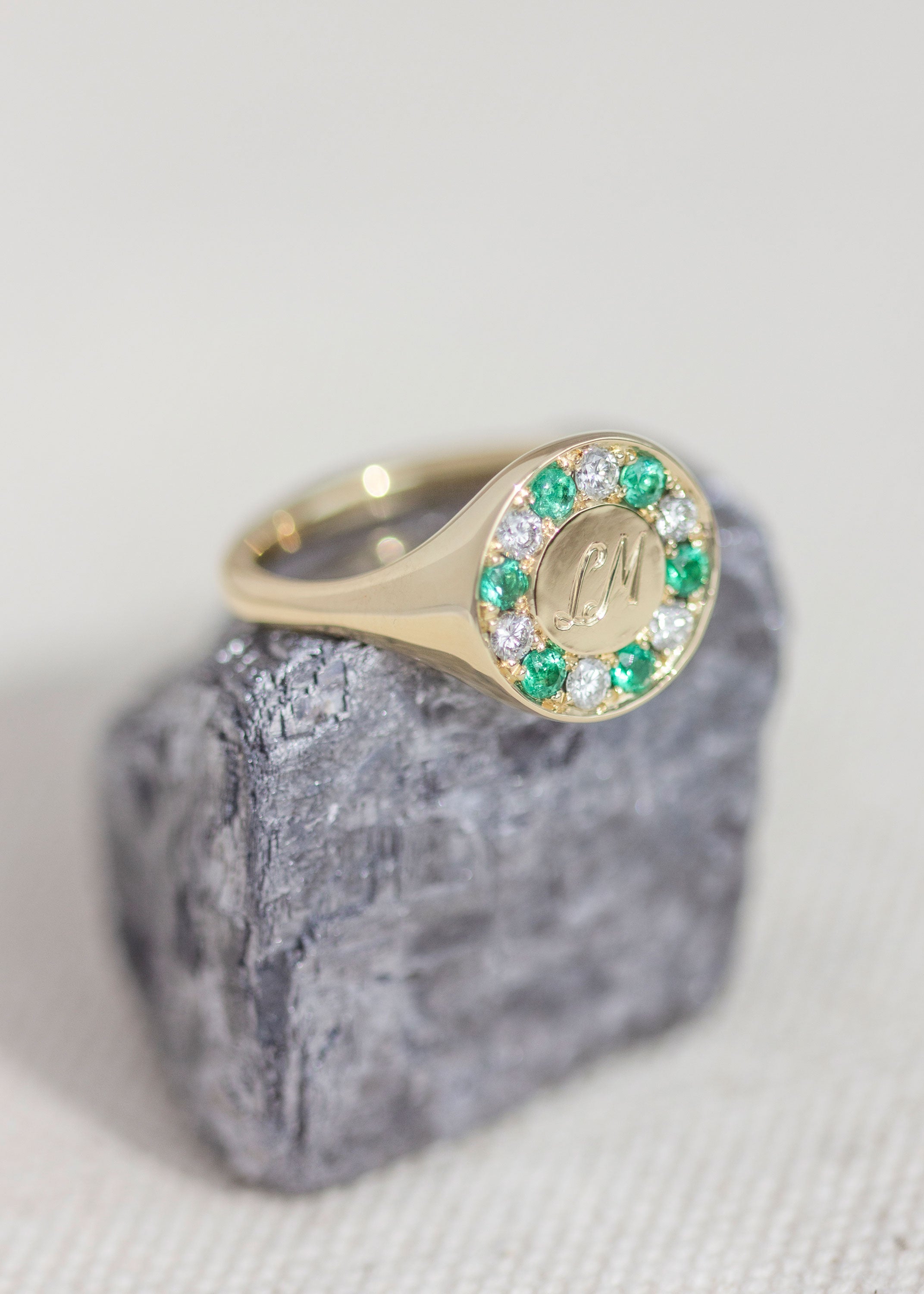 Halo Signet Ring with Emeralds and Diamonds